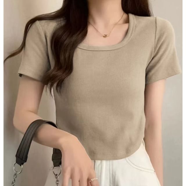 monroll-Short-Sleeve Crewneck Plain Crop Tee