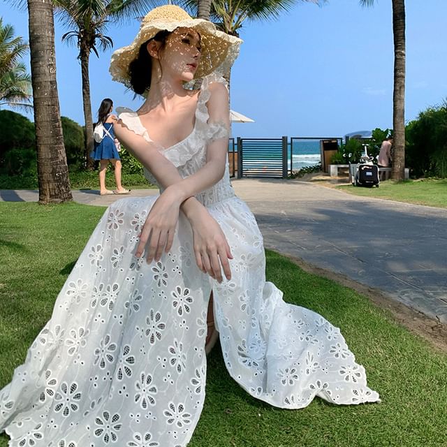 Moanum - Cap-Sleeve Square Neck Plain Eyelet Embroidered Open Back Slit  Maxi A-Line Dress | YesStyle