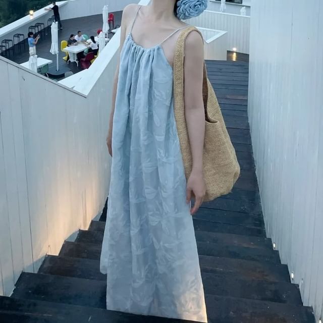 JIYON-Spaghetti Strap Scoop Neck Plain Backless Maxi A-Line Dress