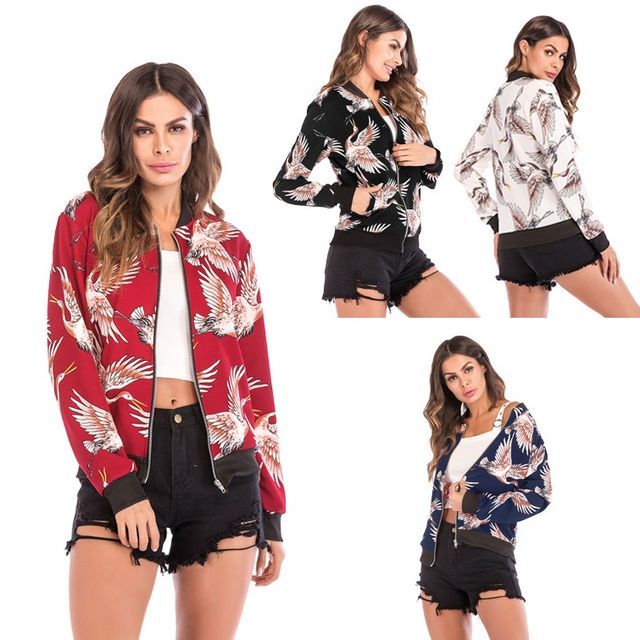 Oshwaze-Crane Print Bomber Jacket