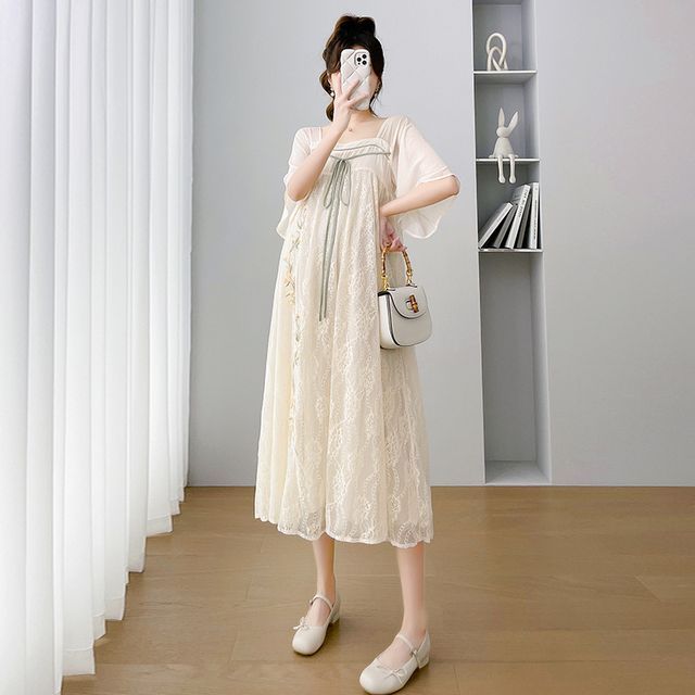 elegant dresses for summer wedding Embroidered Floral Foil Print Maternity & Nursing Kurta Set
