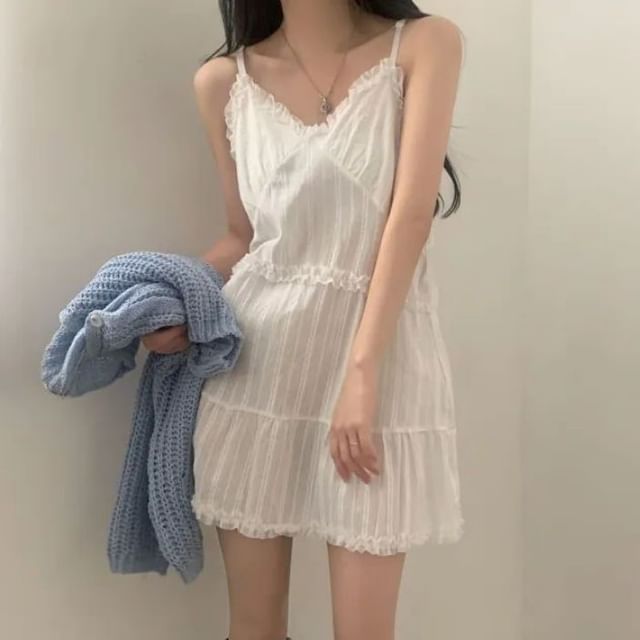 PINPI-Spaghetti Strap V-Neck Ruffle Trim Mini A-Line Dress