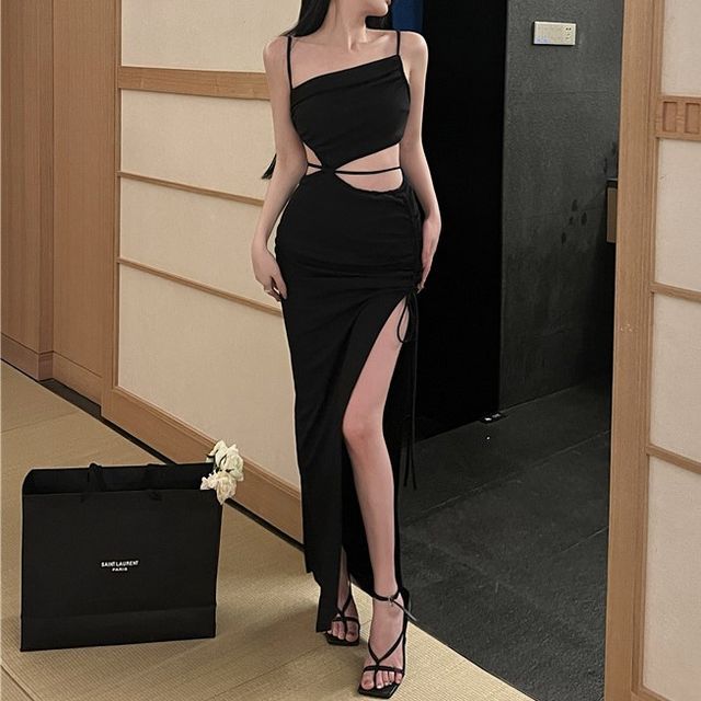 Junostrom - Spaghetti Strap Plain Cutout Side-Slit Drawstring Maxi Bodycon  Dress | YesStyle