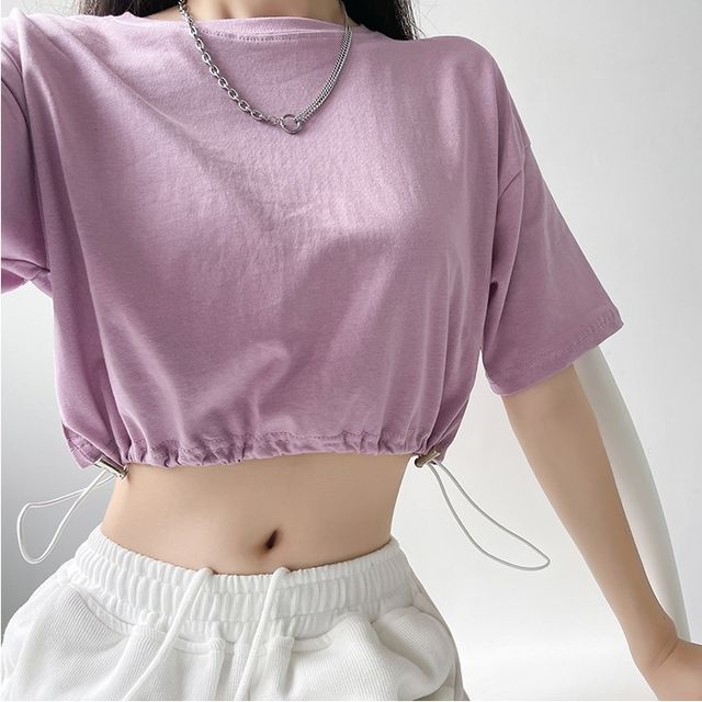 Amyway-Short-Sleeve Drawstring Crop T-Shirt