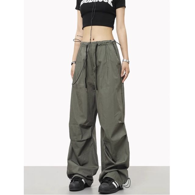 Strawolf-Drawstring Waist Plain Harem Parachute Pants