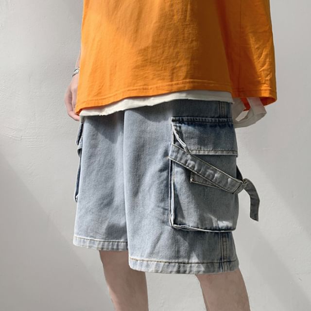 Macho-Mid Rise Wide Leg Cargo Denim Shorts