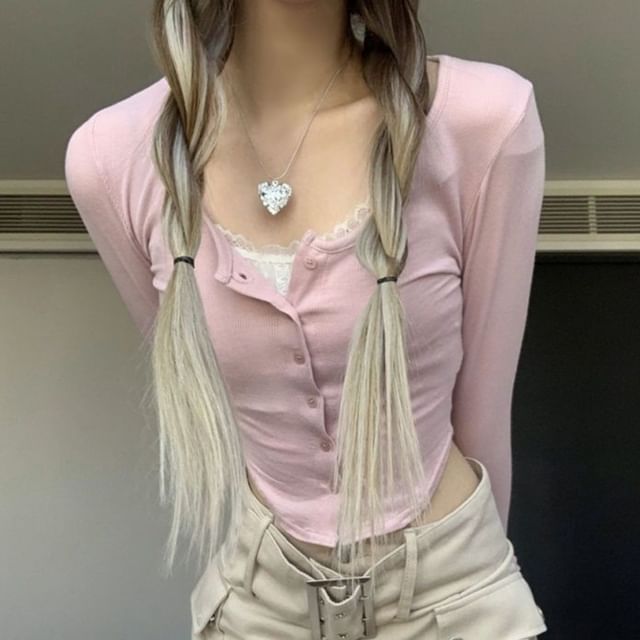 CRIBI-Long-Sleeve Button-Up Plain Crop Top
