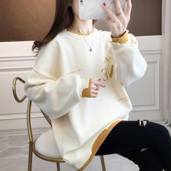 Jewie - Mock Two-Piece Lettering Print Sweatshirt Jewie - Mock Two-Piece Lettering Print Sweatshirt