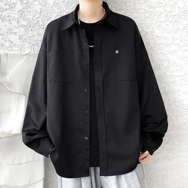 FOEV-Long-Sleeve Pocketed Plain Shirt