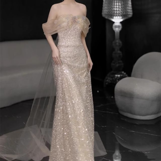 Fioridi-Off Shoulder Sheer Panel Sequin Sheath Evening Gown
