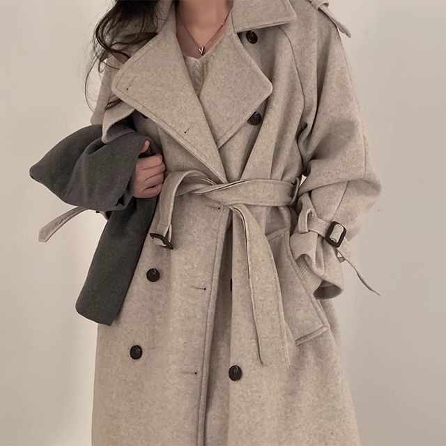 Coris-Plain Tie Waist Midi Double-Breasted Coat