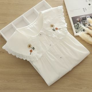 PANDAGO Long-Sleeve Floral Embroidery Collared Blouse Sale