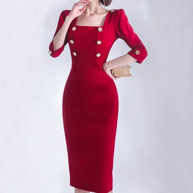 Yilda - Puff-Sleeve Square-Neck Double-Breasted Midi Bodycon Dress