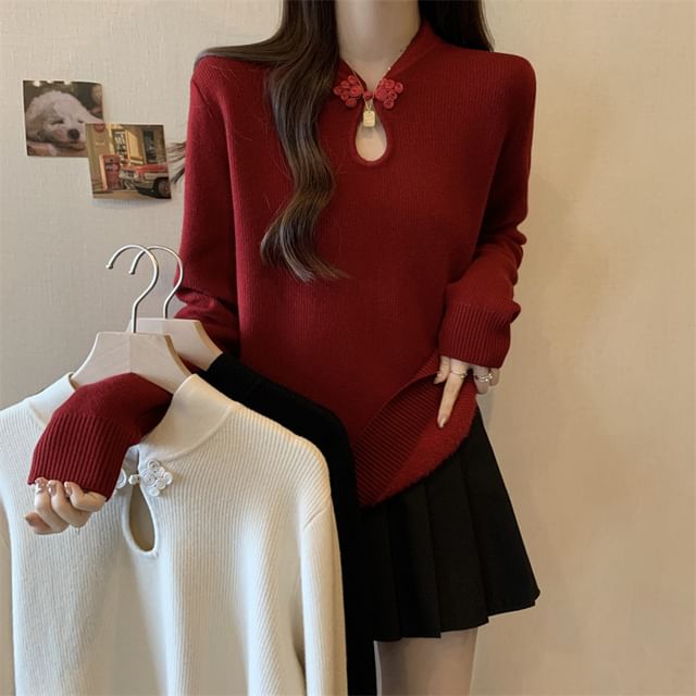 Dragan Pulse-Long-Sleeve Stand Collar Plain Cutout Frog Buttoned Knit Top