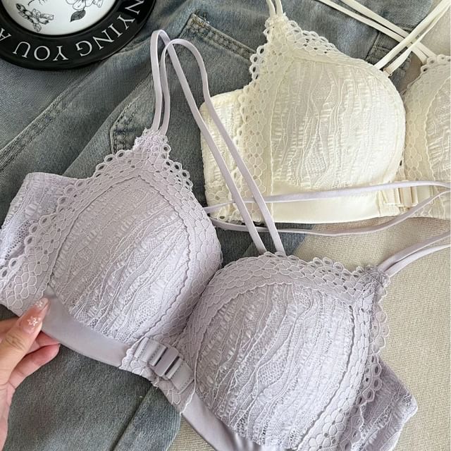 Gecko-Plain Lace Front Closure Wireless Bra Panty Set