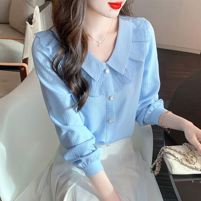 Dragan Pulse-Long Sleeve Collared V-Neck Ruffle Trim Plain Blouse