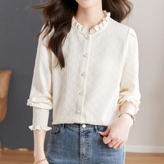 Dragan Pulse-Long Sleeve Ruffle Neck Plain Embossed Button Up Blouse