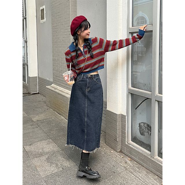 Fabflower Long-Sleeve Striped Half-Zip Polo Neck Sweater High