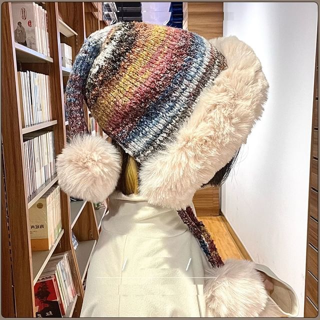 4-4 STUDIO-Striped Pom Pom Fluffy Trim Beanie