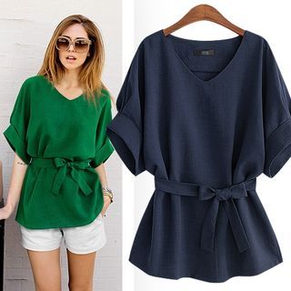 Inchioh-Short-Sleeve V-Neck Plain Blouse