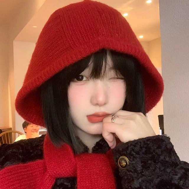 Pompabee-Plain Knit Hooded Scarf