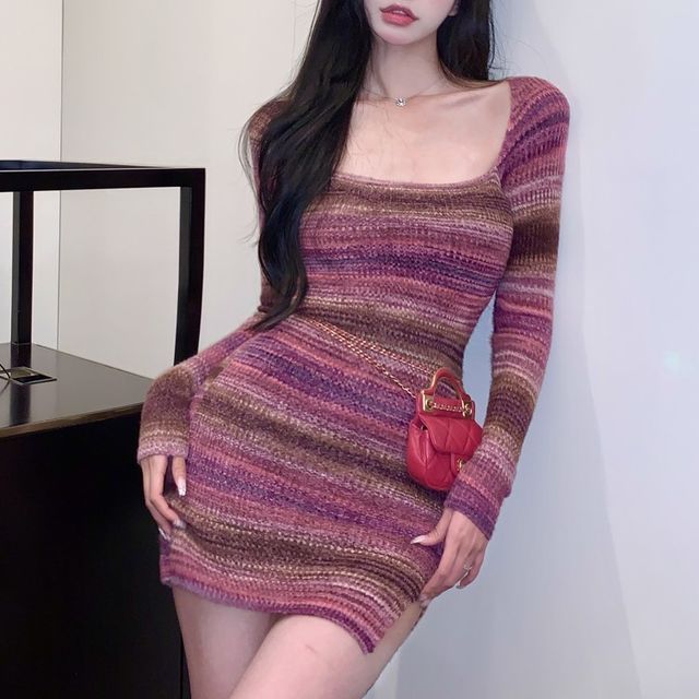 Secolo - Long-Sleeve Square-Neck Striped Ribbed Mini Bodycon Dress