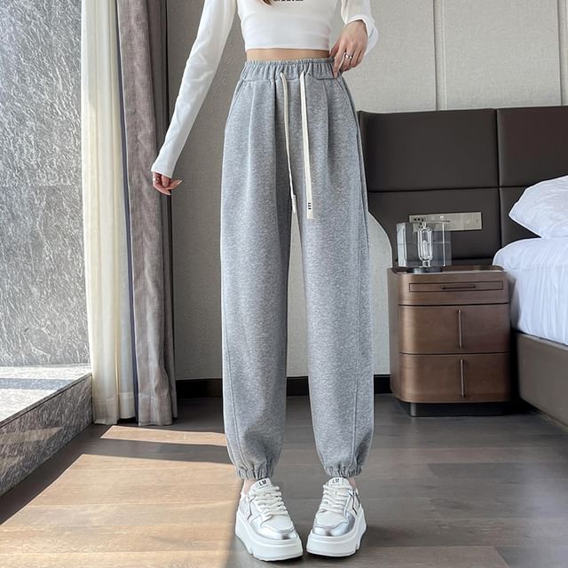 Dovitade-Drawstring Waist Plain Harem Sweatpants