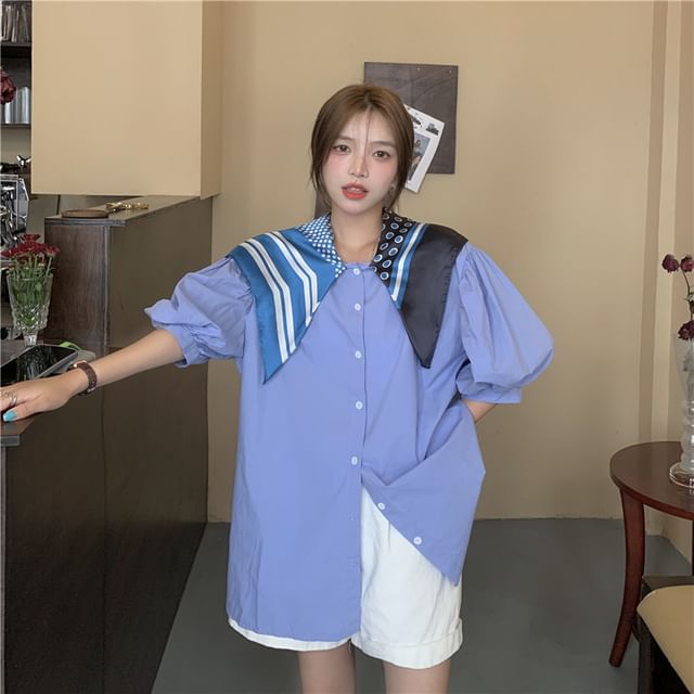 Rorah - Puff-Sleeve Pattern Panel Shirt | YesStyle