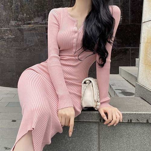 Aurora - Long-Sleeve Plain Ribbed Mini Knit Dress | YesStyle