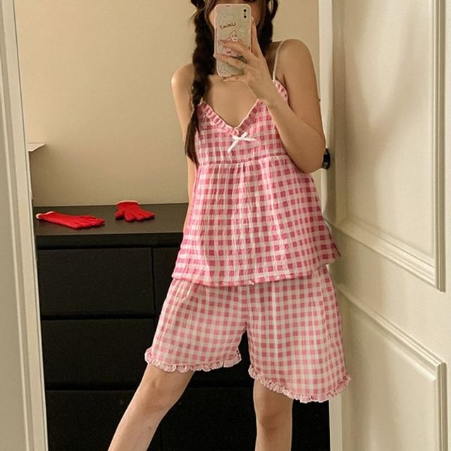 Siensien-Spaghetti Strap Plaid Pajama Set