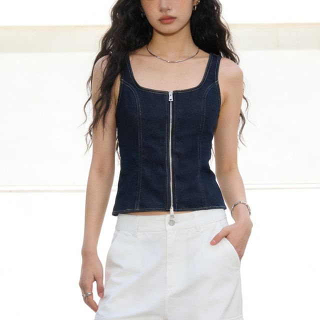 Ulark-Sleeveless Square Neck Denim Zip-Up Top