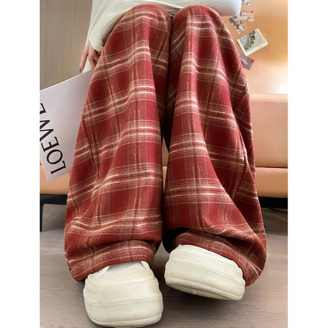 evanesce-Drawstring Waist Plaid Baggy Pants