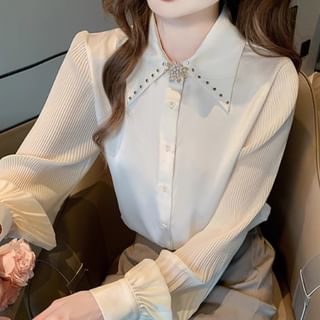 Dragan Pulse-Long-Sleeve Collared Embellished Button-Up Plain Blouse