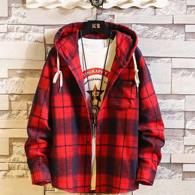 Sheck-Hooded Long-Sleeve Plaid Shirt