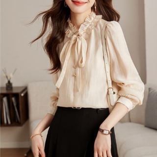 Dragan Pulse-Long-Sleeve Stand Collar Button Accent Tie Front Plain Blouse