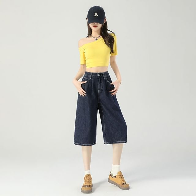 Denimot-Mid Waist Contrast Stitching Denim Shorts