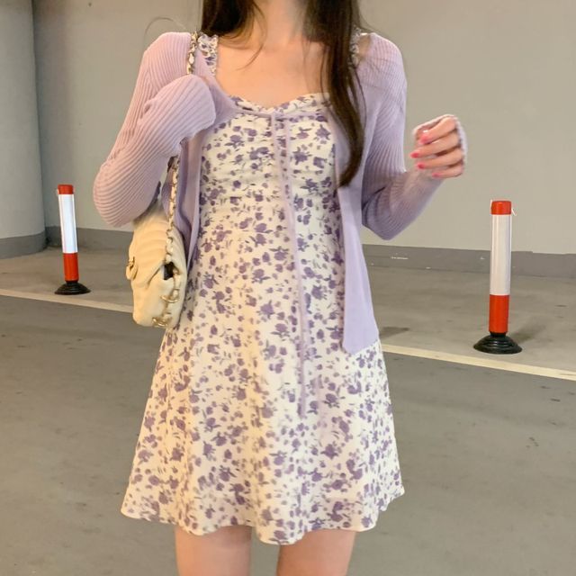 sachin and babi light blue dress CaraMelody - Long-Sleeve Plain Knit Cardigan / Floral Printed Strappy Midi  Dress