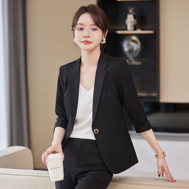 Casual Black Single Button Blazer 3/4-Sleeve Plain Single-Button