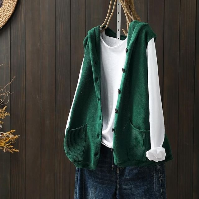 Lewwe-Plain Hooded Button-Up Knit Sweater Vest