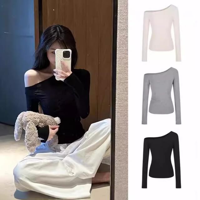 Essere-Long-Sleeve Asymmetrical Plain T-Shirt