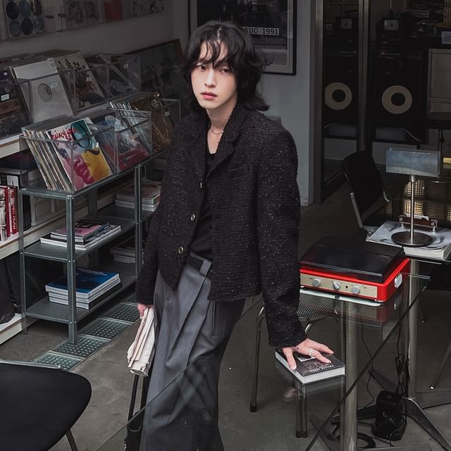 MRCYC-Notch Lapel Button-Up Plain Tweed Crop Jacket