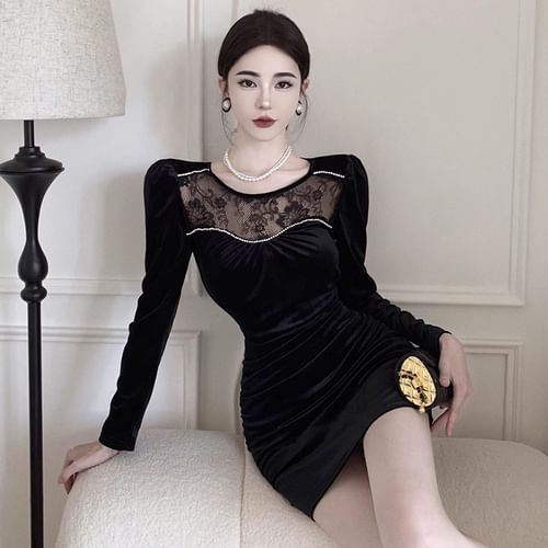 Lace panel tiered shop bodycon dress long sleeve