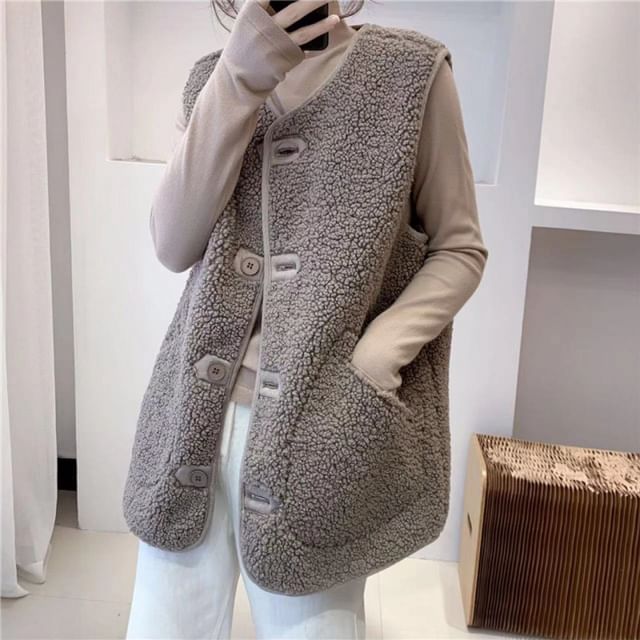 Supernova-V-Neck Plain Button-Up Fleece Vest