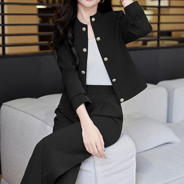 Skyheart-Stand Collar Plain Button Accent Blazer High Waist Loose Fit Dress Pants Set