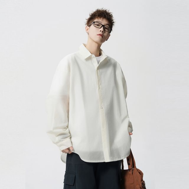 Koiyua-Long-Sleeve Button-Up Plain Shirt