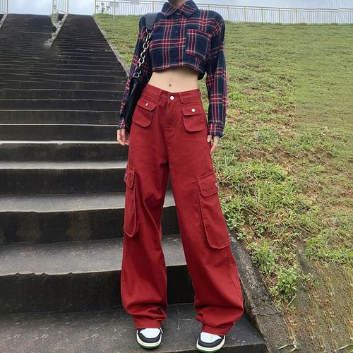 Red Low Rise Cargo Trousers