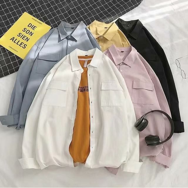 Sinlarity-Long-Sleeve Button-Up Plain Cargo Shirt
