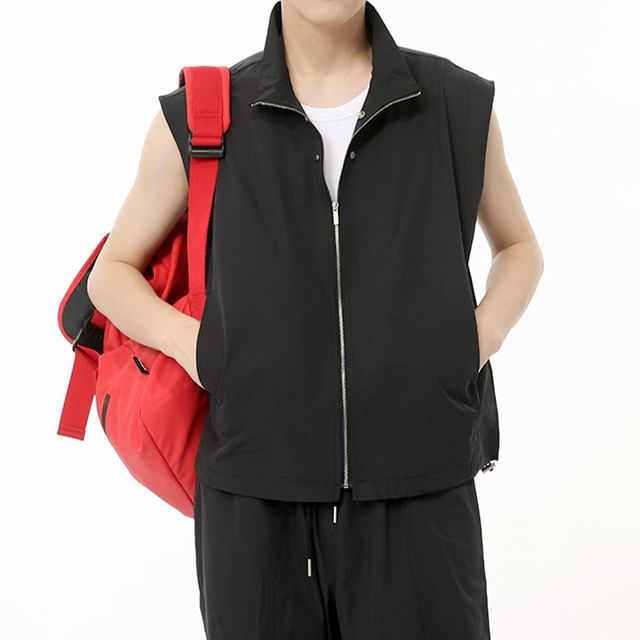 FAERIS-Stand Collar Plain Zip-Up Vest Drawstring Waist Ruched Wide Leg Cargo Pants