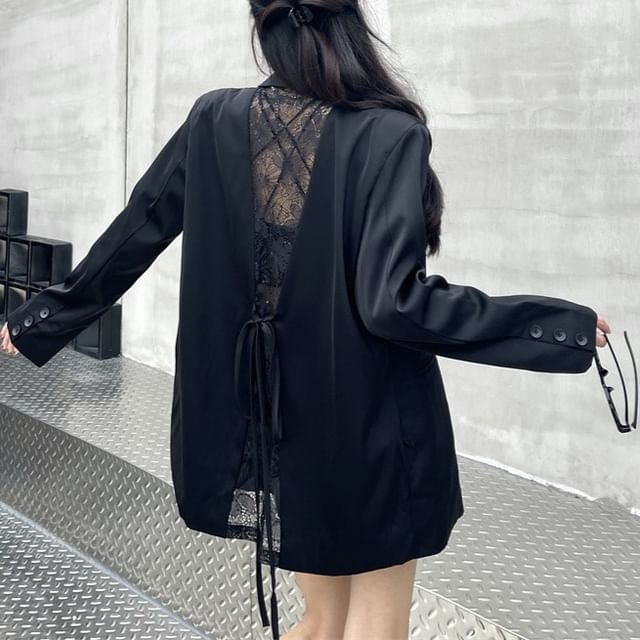 Kenning-Notch Lapel Plain Lace Panel Double-Breasted Blazer