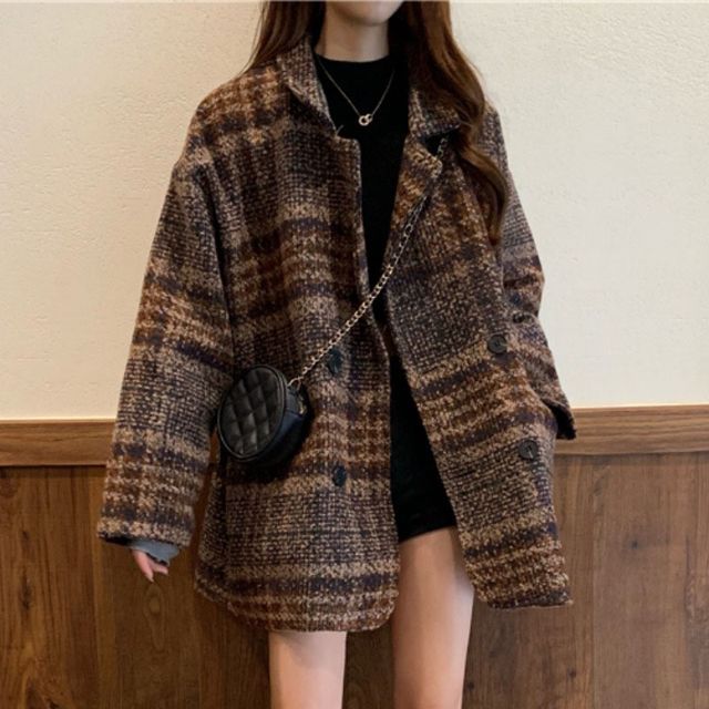 Shinsei-Long-Sleeve Plaid Woolen Coat
